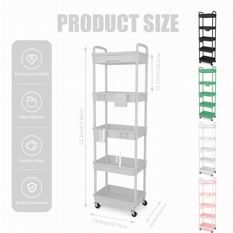 5 Tier Rolling Utility Cart with Drawer,With Drawer & Extended Poles,With Plastic Shelf & Lockable Wheels,Smooth Mobility