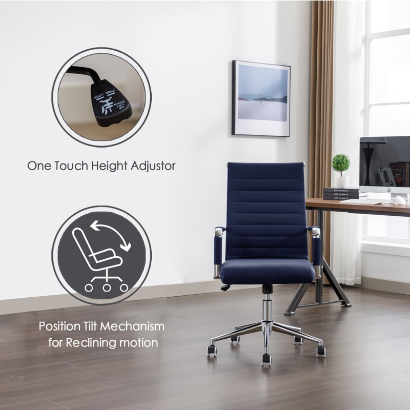 Mid Back Office Desk Chair, Conference Room Chairs with Wheels, Executive Leather Swivel Ribbed Height Adjustable  Rolling Chair.