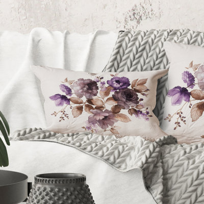 Rectangle, fleurs rétro mauves avec feuilles brunes - coussin décoratif traditionnel