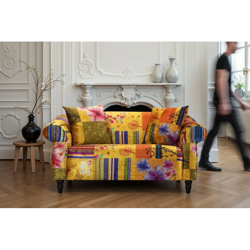 Forsyth 3 Seater Crushed Velvet Patchwork Sofa, Gold, 3
