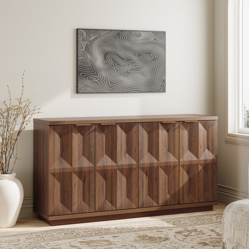 Designer Modern Textured 59'' Three-dimensional Relief Sideboard, Walnut