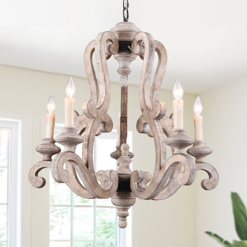 Lustre en bois massif à chaîne réglable 5 lumières avec ensemble d'éclairage 25 po Farmhouse, Bois patiné