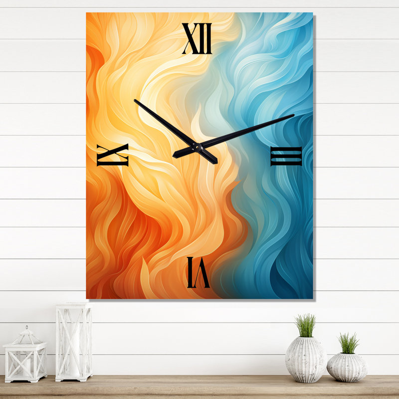Horloge murale orange vif et turquoise liquide - formes abstraites, Grand