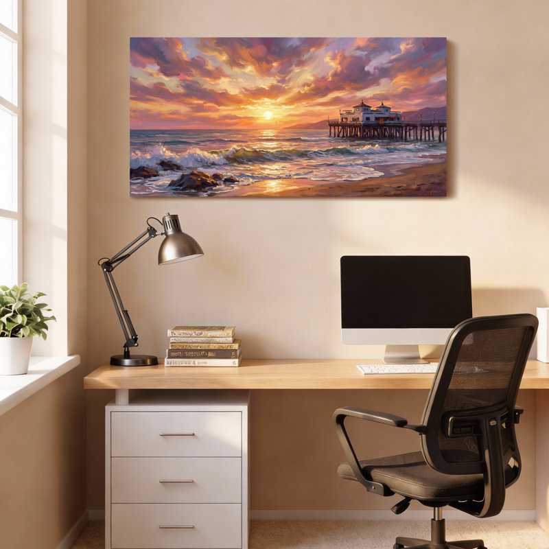 «Sunset Beach Pier», reproduction d'art sur toile tendue sur toile, H 24 po x l 48 po