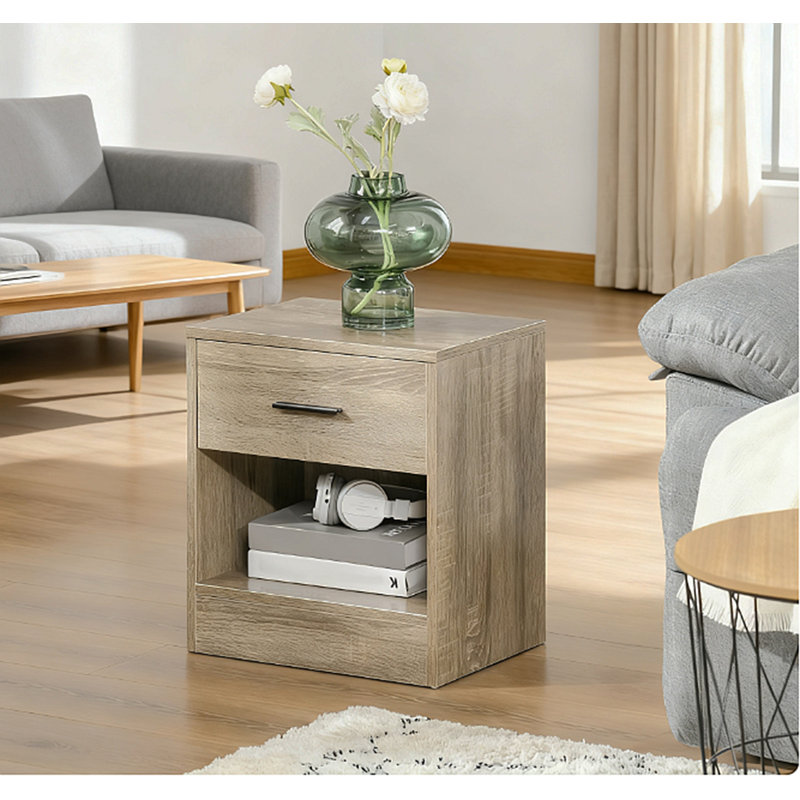 Table d'appoint avec tiroir et tablette de rangement, table de bout pour toutes les pièces, grain de bois gris, Gris antique