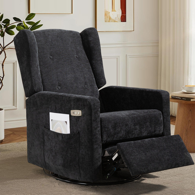 25.6'' W  Swivel Nursery Power Glider Recliner Chair with USB & Type C Ports, Black