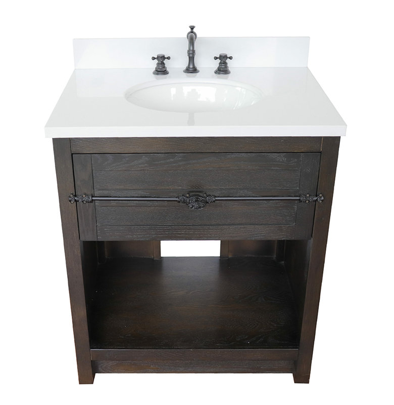 Zigler 31'' Single Bathroom Vanity with Top, Brown Ash, White Quartz