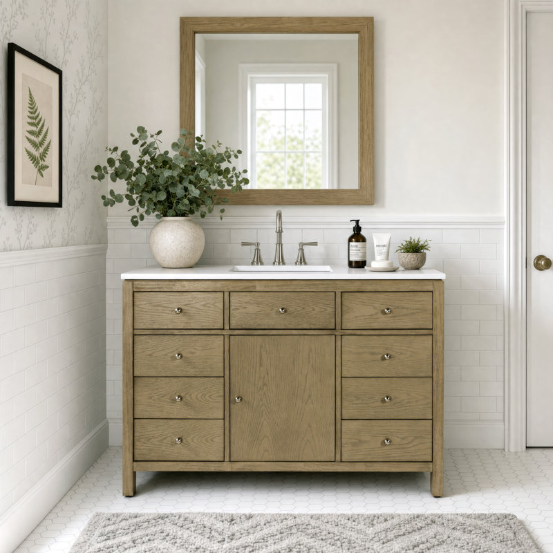 Nora 48 in. W Quartz Single Sink Bathroom Vanity Set, Light Oak