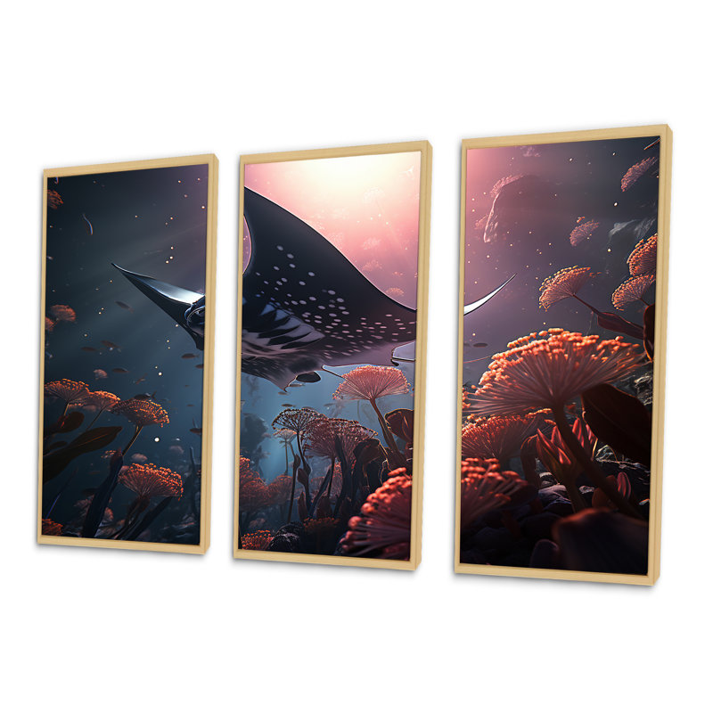 «Manta Rays Drifters Landscape I - Coastal Coral Under Water», ensemble d'art sur toile, Cadre naturel flottant