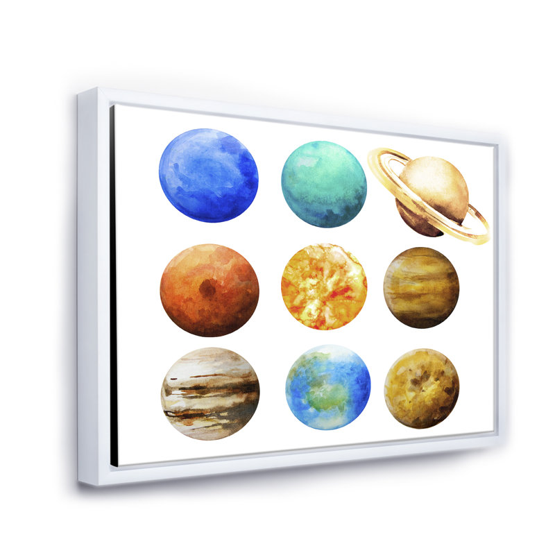 Planètes variées en orbite - Impression sur toile, H 16 po x l 32 po x p 1 po, Cadre flottant blanc