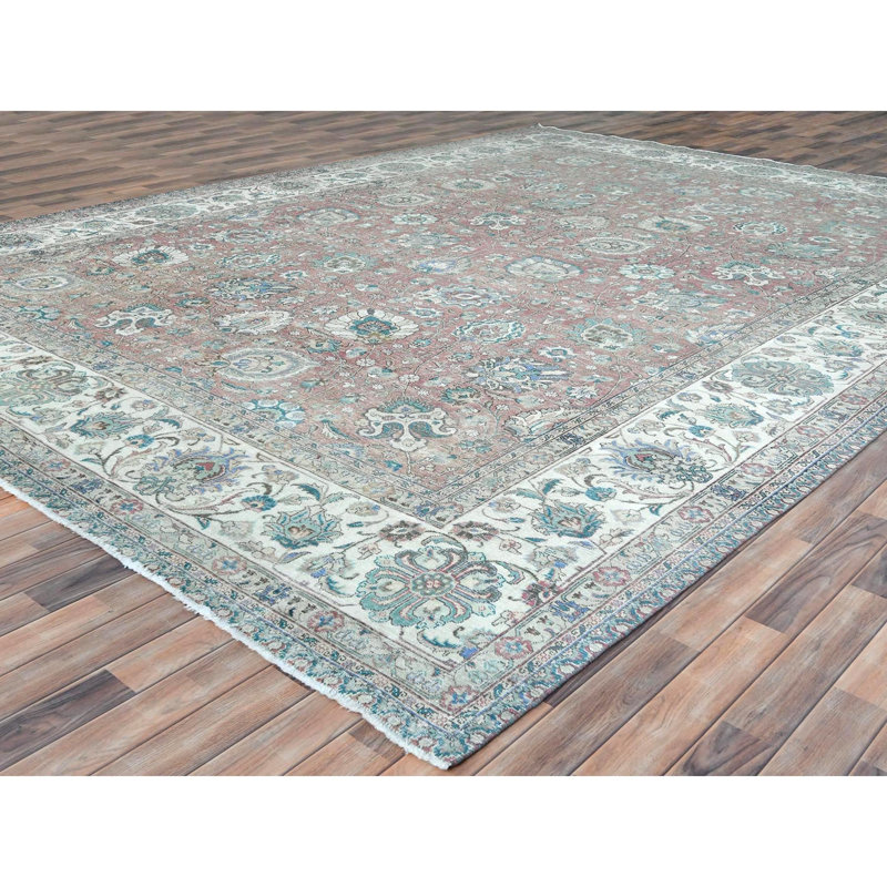 Tabriz persan rétro rouge délavé de 11 pi 1 po x 14 pi 7 po avec motif intégral en laine usée, aspect vieilli, cisaillement bas, élégance usée, très grand tapis oriental noué à la main 25F1D681CFA3481BABCDDDB660EF3E4
