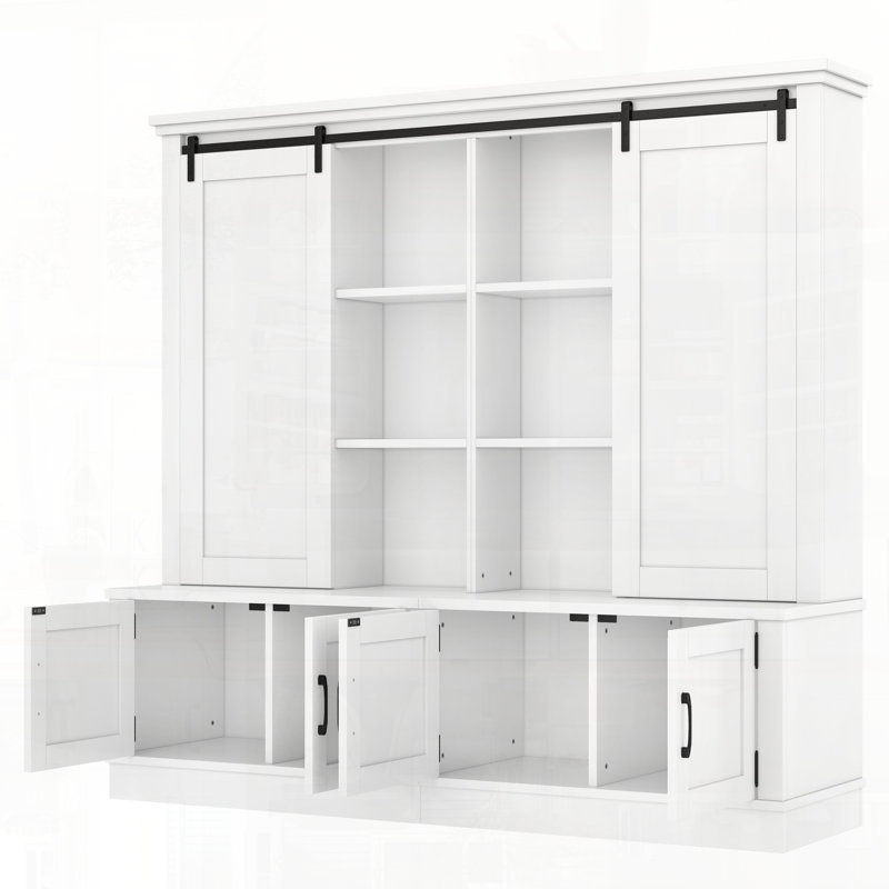 Multifunctional Entryway Cabinet Sliding Rails Tree Shaped Design Barn Door Vintage Aesthetic, White