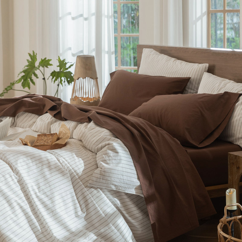 MooMee Sheet Set Extra Deep Pocket 100% Washed Cotton Linen Like Textured Lightweight Breathable, Cocoa Brown