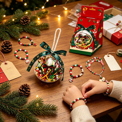 Décorations de Noël, ensemble de fabrication de bracelets de perles de Noël, ensemble de bijoux pour les fêtes avec boule de suspension transparente, cadeau d'artisanat pour fête de Noël en famille