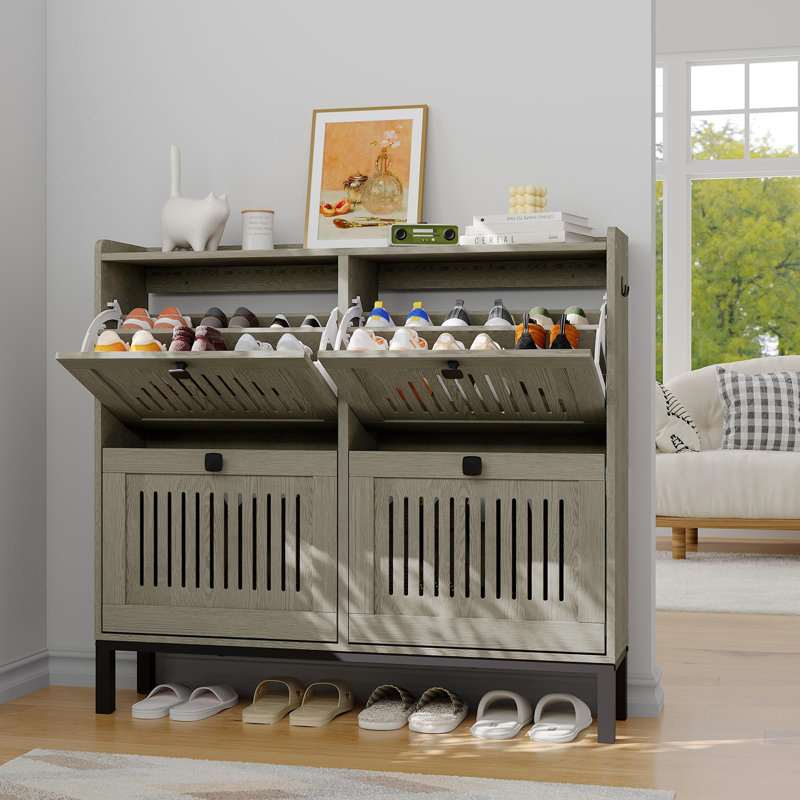Space-Saving 4 Turn over Drawer Shoe Storage Cabinet – Adjustable Wooden Organizer, Hollow Out Panel, Large Capacity Hidden Rack, Washed Gray