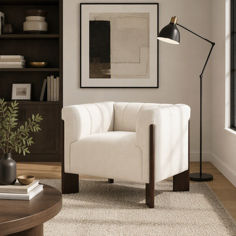 Chaise d'appoint en chenille avec dossier capitonné à canal vertical, accoudoirs ronds et pieds en noyer, Beige Chenille