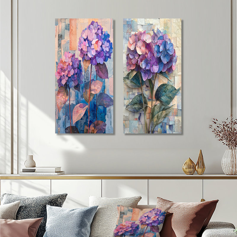 Collage abstrait floral d'hortensia I - impressions sur toile florales 2 pièces, H 28 po x l 25 po, Toile tendue