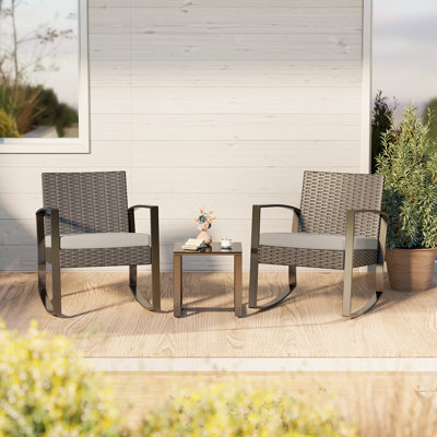 Ensemble 3 pièces de chaises berçantes d'extérieur avec coussins, ensemble de conversation de patio avec table basse
