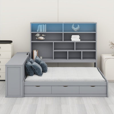 Wooden Daybed With Three Drawers ,Desk ,Shelves And Lights