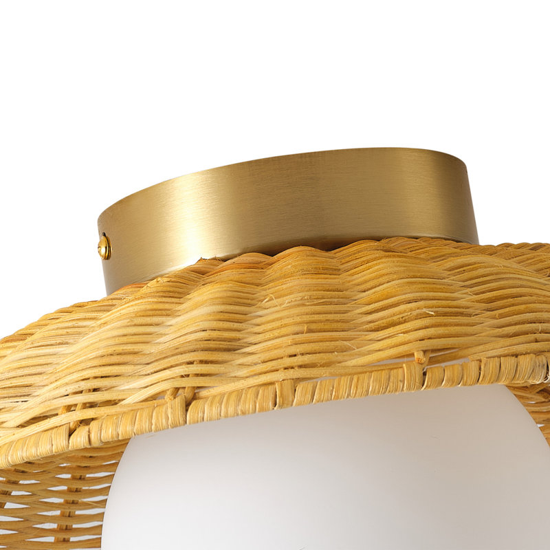 1-Light E12 Brass Flush Mount Ceiling Light with Rattan Shade, Dimmable White Globe Shade, ETL Listed