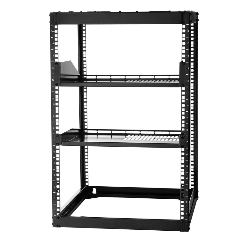 Étagère ouverte 16U à cadre ouvert de 23 po, fixée au mur ou au sol, idéale pour les espaces de vente au détail et les bureaux avec tablettes ventilées en réseau, pouvant accueillir plusieurs appareils de classe