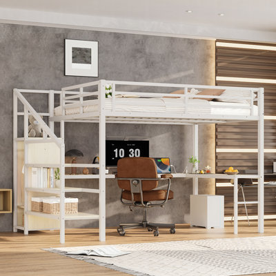 Grand lit mezzanine avec bureau en L et port USB, lit mezzanine en métal avec garde-robe et tablette réglable, lit mezzanine haut avec DEL pour enfants, adolescents, adultes