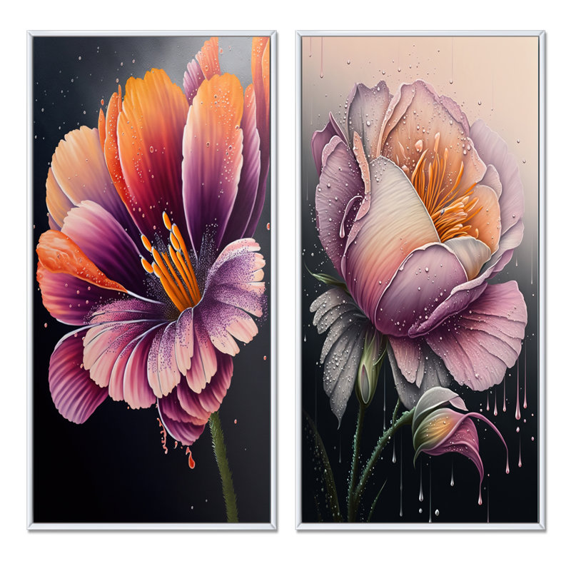 «Blooming Gerbera Daisy Flowers», 2 pièces sur toile, Cadre blanc, H 32 po x l 32 po