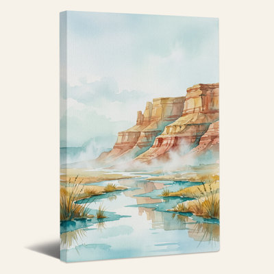 Watercolor Canyon Cliffs Over Teal River Canvas Wall Art