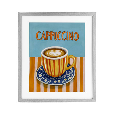 Cappuccino Stripes Blue & Orange Framed Print Under Glass, design by Yen