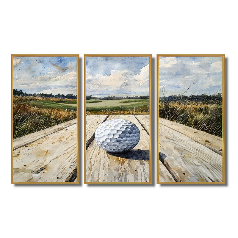 «Greens and Dreams Golf Course Landscape I», art mural golf - ensemble de 3, H 32 po x l 48 po, Doré