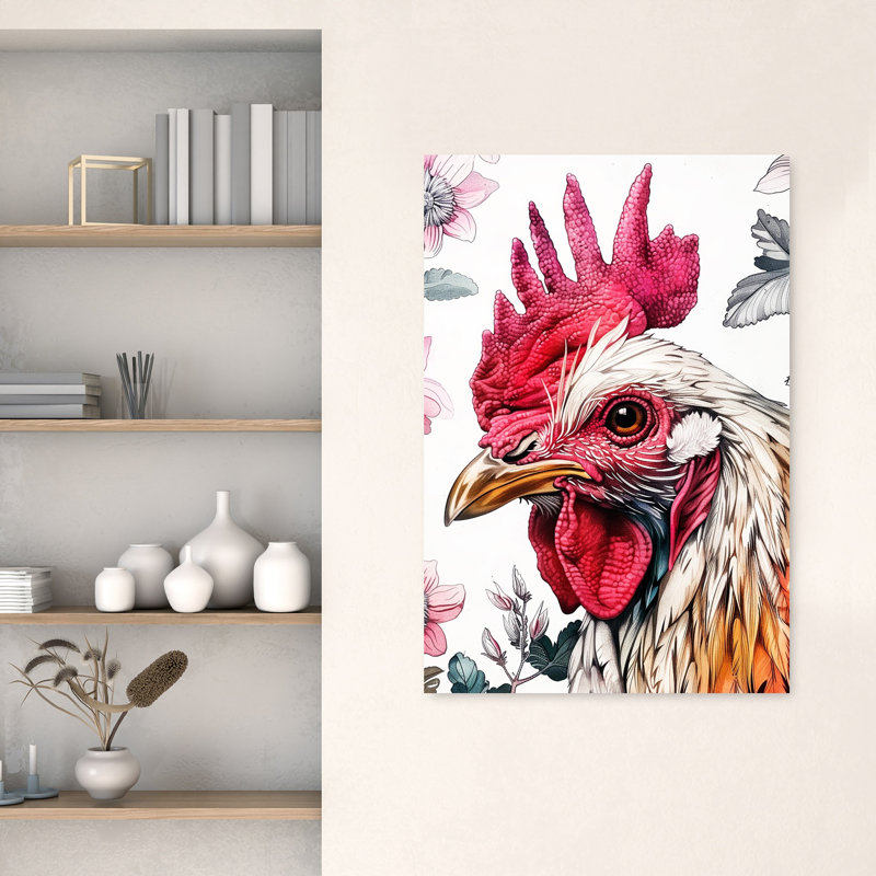 «Vibrant Rooster Profile Colorful Elegant Vibrant Bird Nature Landscape», art mural, H 48 po x l 32 po