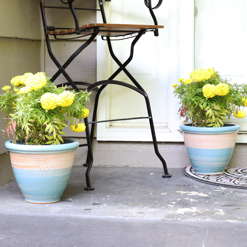 Jardinière intérieure / extérieure Chanze - 12 po x 12 po x 10 po - pot de fleurs rond en céramique à 2 compartiments - bleu / beige