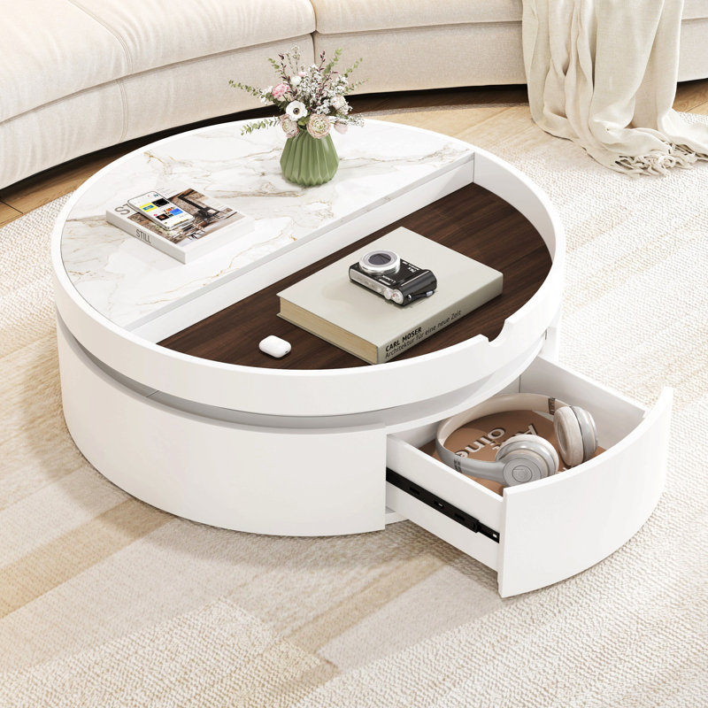 Table basse ronde blanche à 1 tiroir avec plateau en marbre et placage de grain de bois 29,5 po