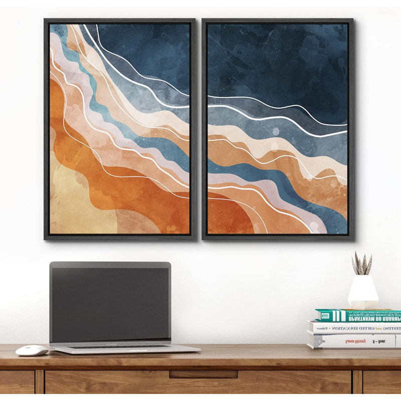 Reproduction de formes abstraites sur toile à motif d'aquarelle bleu marine, orange et blanc, 2 pièces, Cadre flottant noir
