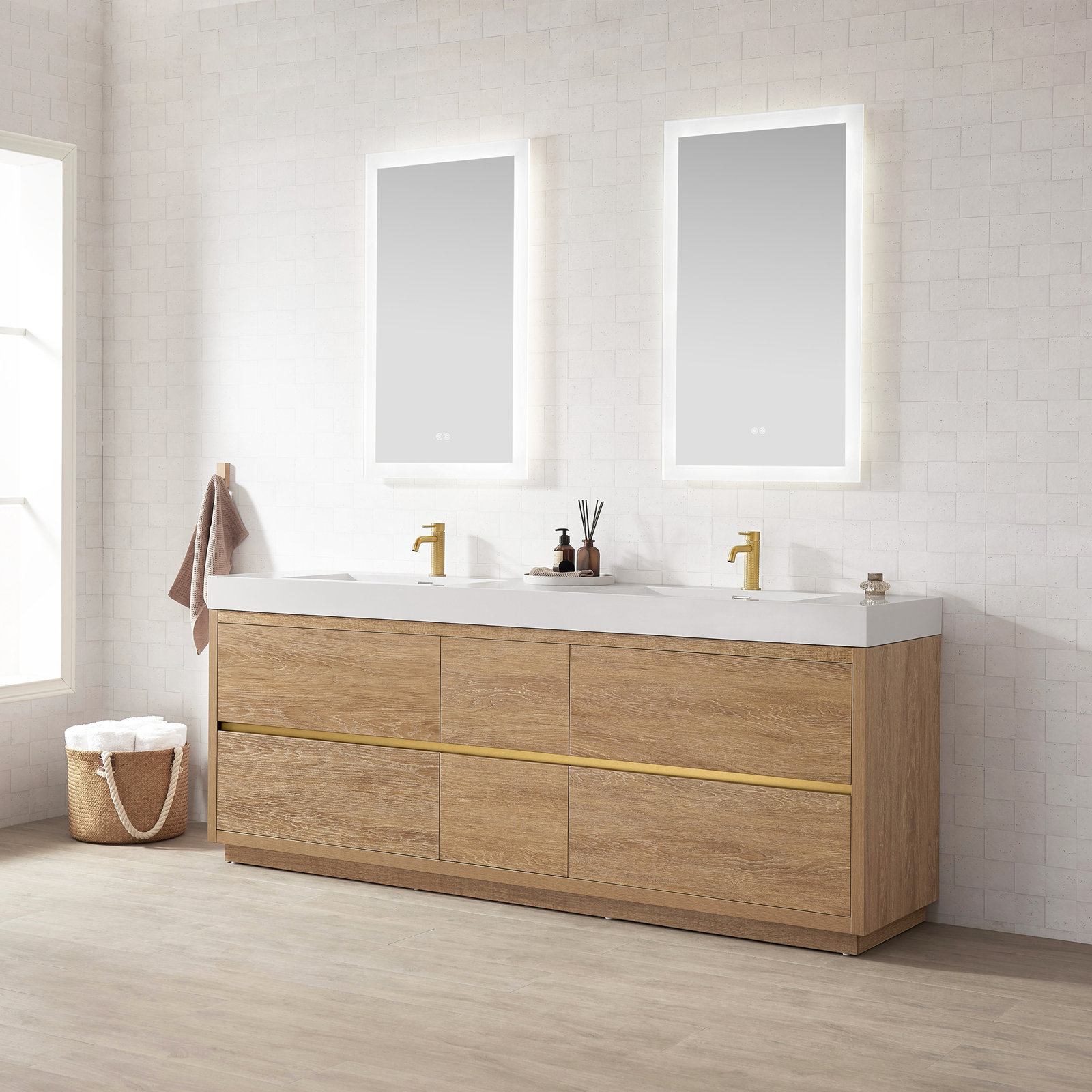 Beira 84" Double Bathroom Vanity, North American Oak