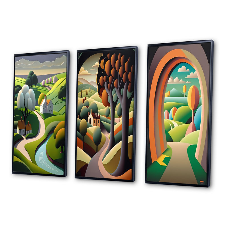 «Little Spring River In Abstract Green Mountains», 3 pièces, H 36 po x l 28 po, Cadre flottant noir