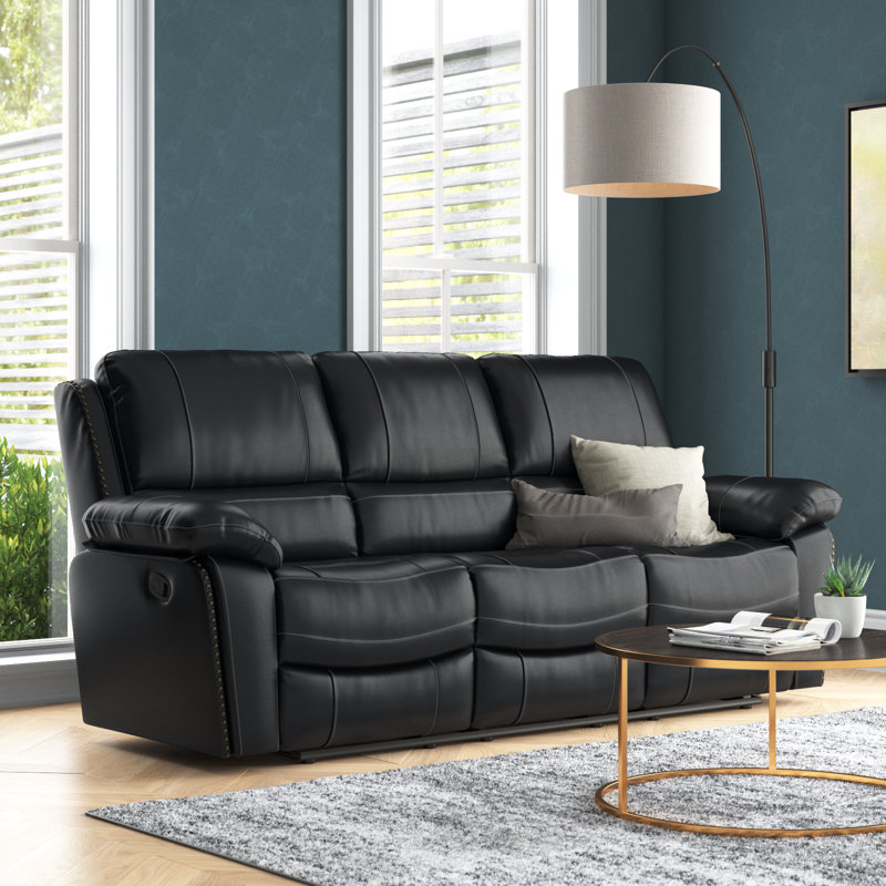Canapé inclinable en cuir véritable avec accoudoirs coussinés de 88,5 po d'Igipa, Cuir noir