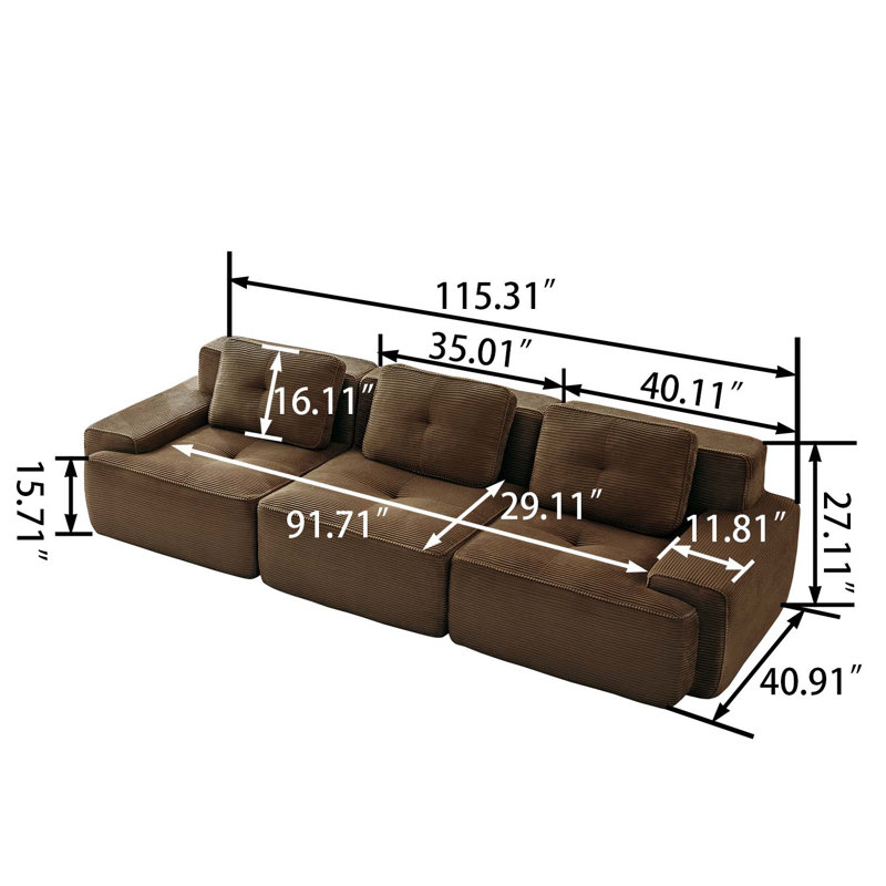 Canapé modulaire moderne à 3 places avec revêtement en velours côtelé, conception capitonnée, sans assemblage, siège profond rembourré pour le salon