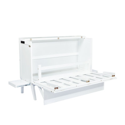 Grand lit escamotable avec port USB et tablettes amovibles de chaque côté, lit escamotable en pin massif pour bureau à domicile, chambre d'amis, blanc, lit