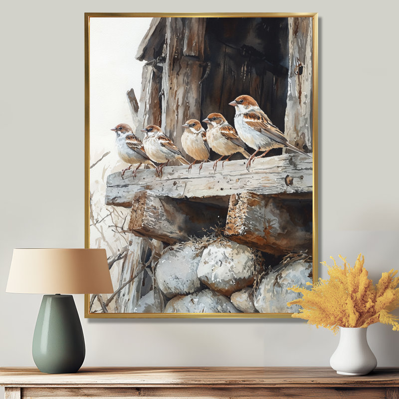 Sparrows Birds In The Farmyard IV - Bird Wall Art, 44" H x 34" W, Framed Print without Mat, Gold