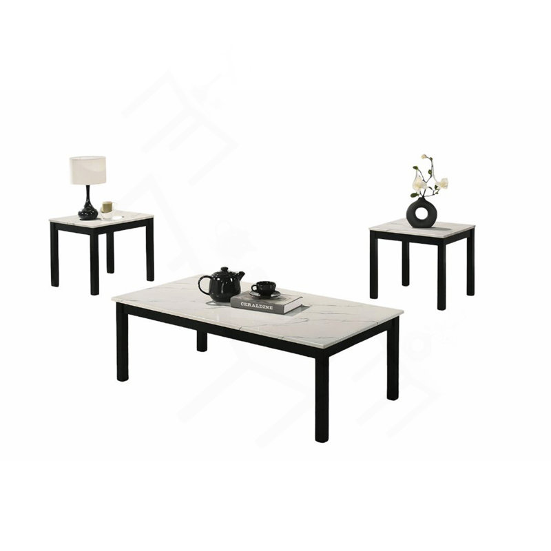 Ensemble de table contemporaine 3 pièces à finition blanche 1 table basse 2 tables de bout Faux marbre avec pieds en bois