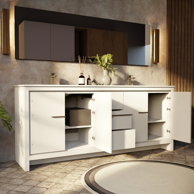 Ensemble de meuble-lavabo double 80 po X P 20 po D, ensemble en marbre de culture et robinet en nickel brossé, Nickel brossé