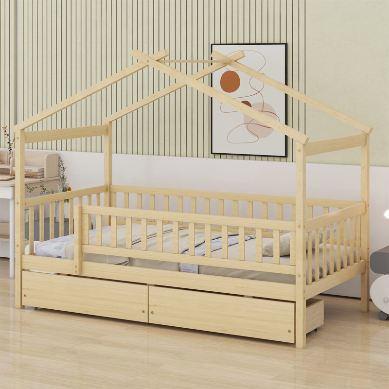 Lit en bois avec deux tiroirs, Naturel