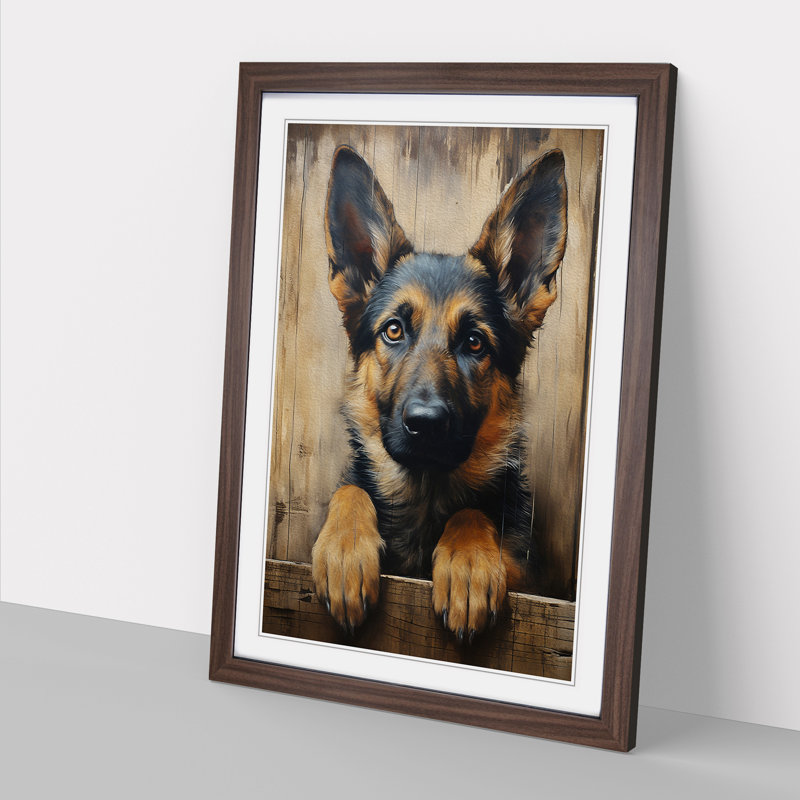 German Shepherd with Glasses Painting No.2 - Framed Print, 64cm H x 46cm W, Walnut Framed