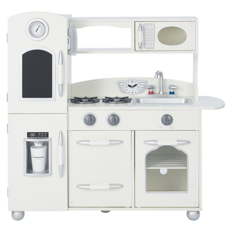 Teamson Kids Retro Wooden Play Kitchen with Chalkboard, Pretend Icemaker & Accessories, White