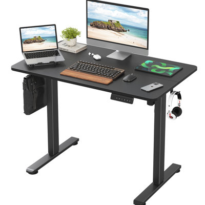 Bureau assis-debout électrique avec plateau réglable en hauteur, 101,6 x 61 cm, blanc, forme rectangulaire, piètement en T, matériaux métal et bois, réglage manuel, ergonomique