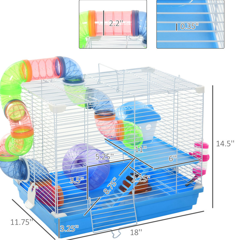 Aire de jeu bleue de 45 cm (18 po) pour hamsters et souris, avec roue et biberon. Parfait pour créer un espace de vie confortable et amusant.