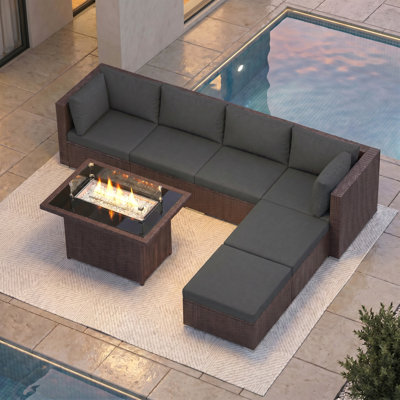 Mirisola 7-Piece Outdoor PE-Wicker Sectional Conversation Set with 43" Rectangular 60,000 BTU Fire Pit Table, Dual-Fuel, 2 Ottomans