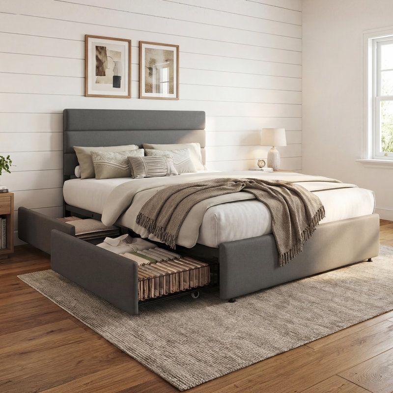 Candler Modern Bed With 4 Drawers And Headboard, Velvet Upholstered Platform Bed, Sturdy Metal & Wooden Slats Support, No Box Spring Needed, Easy Assembly