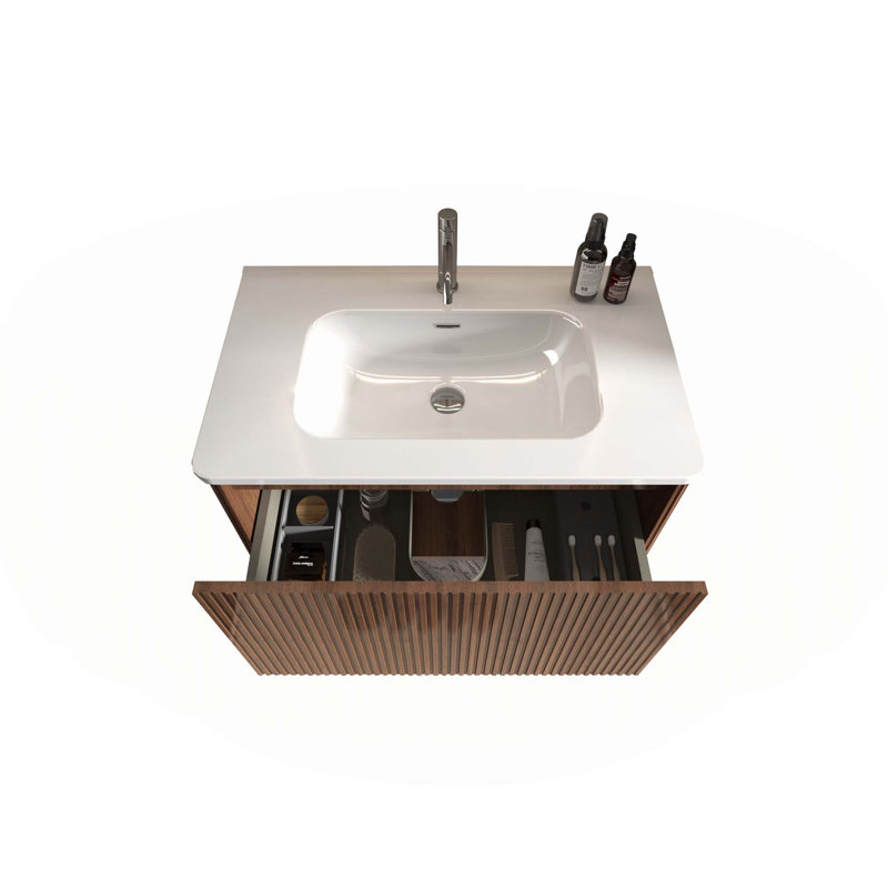 Meuble-lavabo mural moderne avec lavabo intégré et plusieurs fonctions, Noyer